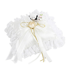 Lovely Flower And Little Bear Decoration Smooth Satin Wedding Ring Pillow