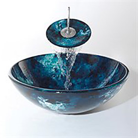 Victory Round Swirls Dark Blue Tempered glass Vessel Sink and Waterfall Faucet(0917-VT4036)