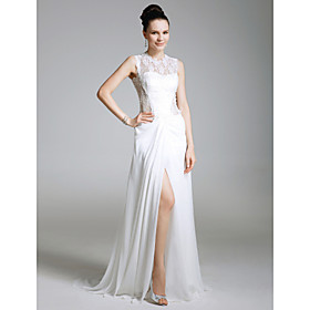Lace Chiffon Sheath/ Column Jewel Sweep/ Brush Train Evening Dress inspired by Eva La Rue at Golden Globe