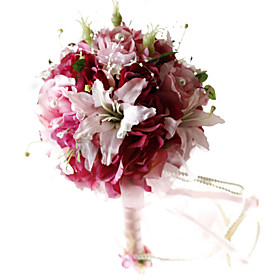 Elegant Rose Red Silk Rose And Lily With Chiffon Decoration Round Wedding Bouquet/ Bridal Bouquet