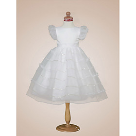 Ball Gown Bateau Tea-length Satin Organza Flower Girl Dress