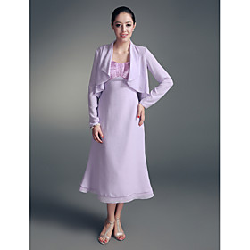 A-line Straps Tea-length Chiffon Elastic Satin Mother of the Bride Dress With A Wrap