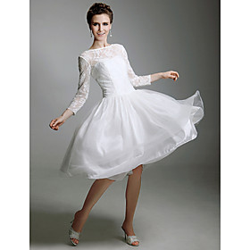 A-line Jewel Tea-length Satin Tulle Wedding Dresses for Bride / Reception Dress (HSX1239)