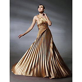 A-line One Shoulder Empire Sweep/ Brush Train Stretch Satin Evening Dress