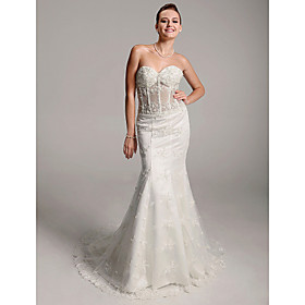 Trumpet/ Mermaid Sweetheart Court Trains Satin Wedding Dresses (WSM04153)