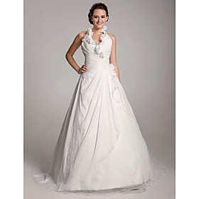A-line Halter Chapel Train Taffeta Organza Wedding Dress(WSM04132)