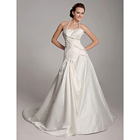 A-line Halter Chapel Train Satin Wedding Dresses (WSM04148)