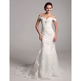 Trumpet/ Mermaid Off-the-shoulder Organza Over Satin Wedding Dress With Removable Chapel Train (WSM04119)