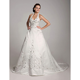 A-line Halter Court Train Satin Embroidery Wedding Dress (WSM04123)