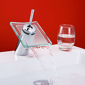 Chrome Finish Waterfall Bathroom Sink Faucet with Glass Spout