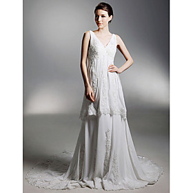 A-line V-neck Chapel Train Chiffon Wedding Dress With Luxury Beaded Appliques