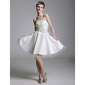 A-line Strapless Short/ Mini Satin Organza Wedding Dress with Flower (WSH04158)