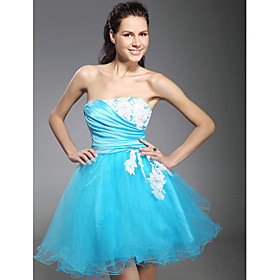 A-line Strapless Short/ Mini  Satin Tulle Cocktail Dress (WSH04199)