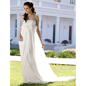 A-line Strapless Court Train Chiffon Elastic Satin Wedding Dress With 3D Flora (FSY02272)