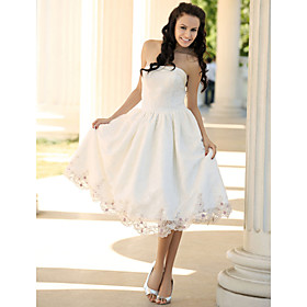 A-Line Strapless Tea-length Satin Lace Wedding Dress (HSX1217)