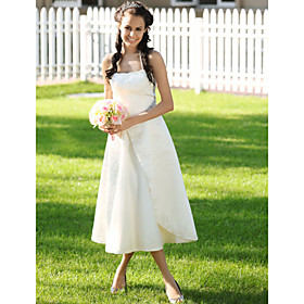 A-Line Spaghetti straps Tea-length Satin Organza Wedding Dresses for Bride / Reception Dress (HSX015)