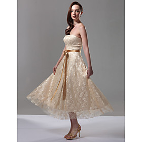 A-line Strapless Sleeveless Tea-length Lace Over Stretch Satin Bridesmaid Dress