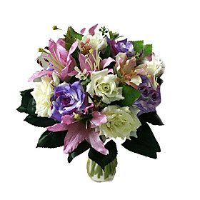 Elegant Silk Rose and Lily With Chiffon Decoration Round Wedding Bouquet /Bridal Bouquet-Fifteen Flowers