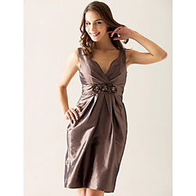 Sheath/ Column V-neck Short/ Mini Taffeta Ruffles Beading Bridesmaid/ Wedding Party Dress