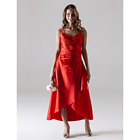 A-line Spaghetti Straps Asymmetrical Satin Bridesmaid/ Wedding Party Dress (HSX215)