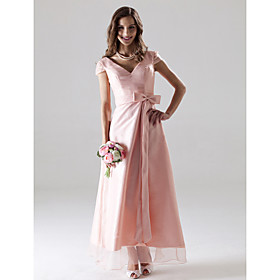 2011 Style A-Line V-neck Tea-length Satin Bridesmaid/ Wedding Party Dress (HSX060)