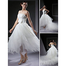 Ball Gown Strapless Asymmetrical Organza Wedding Dress With Removable Cathedral Train (WGY0074)