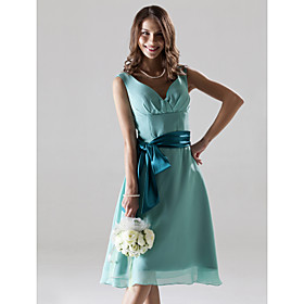 A-line V-neck Tea-length Chiffon Bridesmaid/ Wedding Party Dress (HSX873)