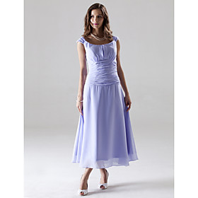 A-line Off-the-shoulder Tea-length Capped Chiffon Matte Satin Bridesmaid/ Wedding Party Dress (FSD0390)