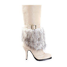 Leather High Heeled Boots w. faux Feathers
