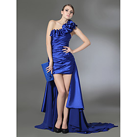 Sheath/ Column One Shoulder Short/ Mini Chiffon Elastic Satin Cocktail Dress with Removable Train (FSH02416)