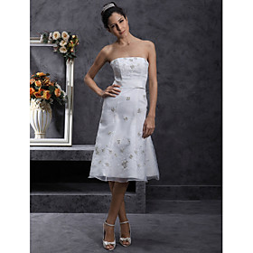 Sheath/ Column Strapless Knee-length Organza Over Satin Wedding Dress (WSY02378)