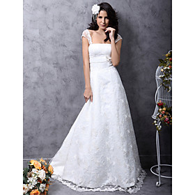 Princess A-Line Court Train Satin Lace Wedding Dress