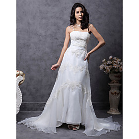 A-line Spaghetti Straps Court Train Satin Organza Wedding Dress (WSM0382)