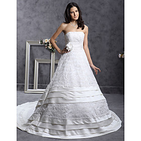 A-line Strapless Chapel Train Satin Tiered Wedding Dress With Beaded Appliques
