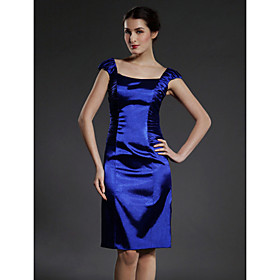 Sheath/ Column Square Knee-length Capped Elastic Woven Satin Mother of the Bride Dress