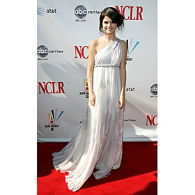 Selena Gomez Sheath/ Column One Shoulder Sweep/ Brush Train Chiffon Over Elastic Satin Evening Dress (FSA11407)