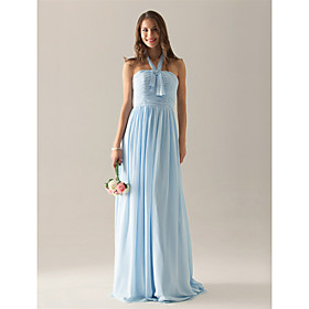 Sheath/ Column Halter Floor-length Chiffon Over Elastic Satin Bridesmaid/ Wedding Party Dress