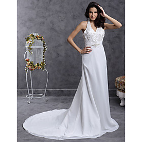 A-line Halter Court Train Satin Wedding Dresses for Bride (HSX224)