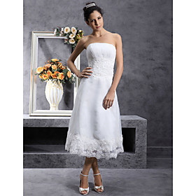 A-line Strapless Tea-length Satin Tulle Wedding Dresses for Bride / Reception Dress (HSX1194)