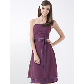 A-line Strapless Knee-length Chiffon Stretch Satin Bridesmaid/ Wedding Party Dress