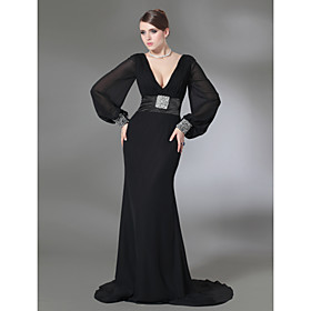 Trumpet/ Mermaid V-neck Court Train Chiffon Over Elastic Satin Evening Dress (FSF08424)
