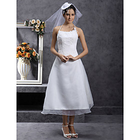 A-line Halter Tea-length Organza Wedding Dress with Beaded Appliques