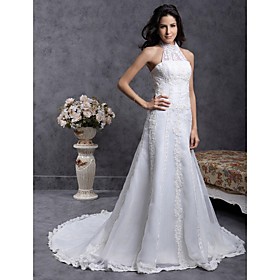 A-Line High Neck Court Train Satin Wedding Dress (WSW0142)
