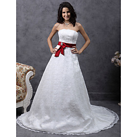 A-line Sweetheart Court Train Lace Satin Belt Wedding Dress