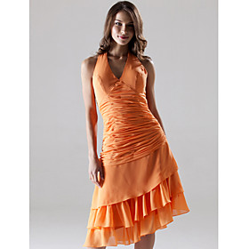 A-Line Halter Asymmetrical Chiffon Bridesmaid/ Wedding Party Dress