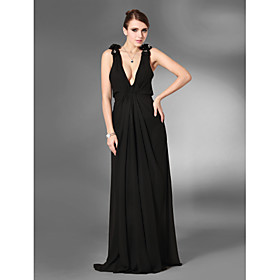A-line V-neck Floor-length Chiffon Over Elastic Satin Evening Dress (FSF08422)
