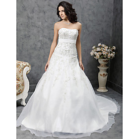 A-line Strapless Chapel Train Satin Organza Wedding Dress (HSX226)