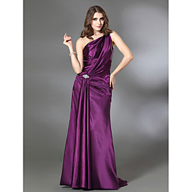 Sheath/ Column One Shoulder Sweep/ Brush Train Elastic Satin Evening Dress (FSH02429)