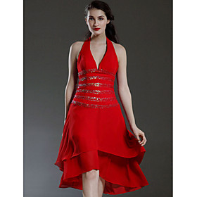 A-line Halter Asymmetrical Elastic Woven Satin Chiffon Bridesmaid/ Wedding Party Dress (HSX312)