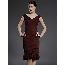 Sheath/ Column V-neck Short Sleeve Knee-length Chiffon Matte Satin Mother of the Bride Dress
